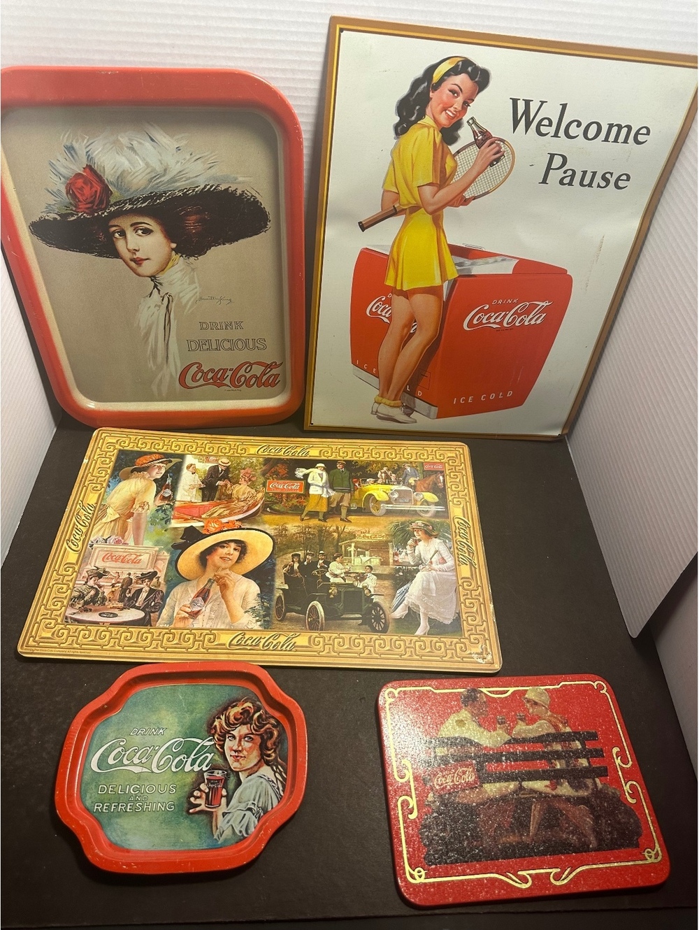 Coca Cola vintage advertising metal trays signs lot of 5 collectible decor